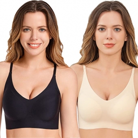 Comfortable Bras, Seamless Wire Free Everyday Bras for A to D Cups, V Neck Soft and Light Basic Bras